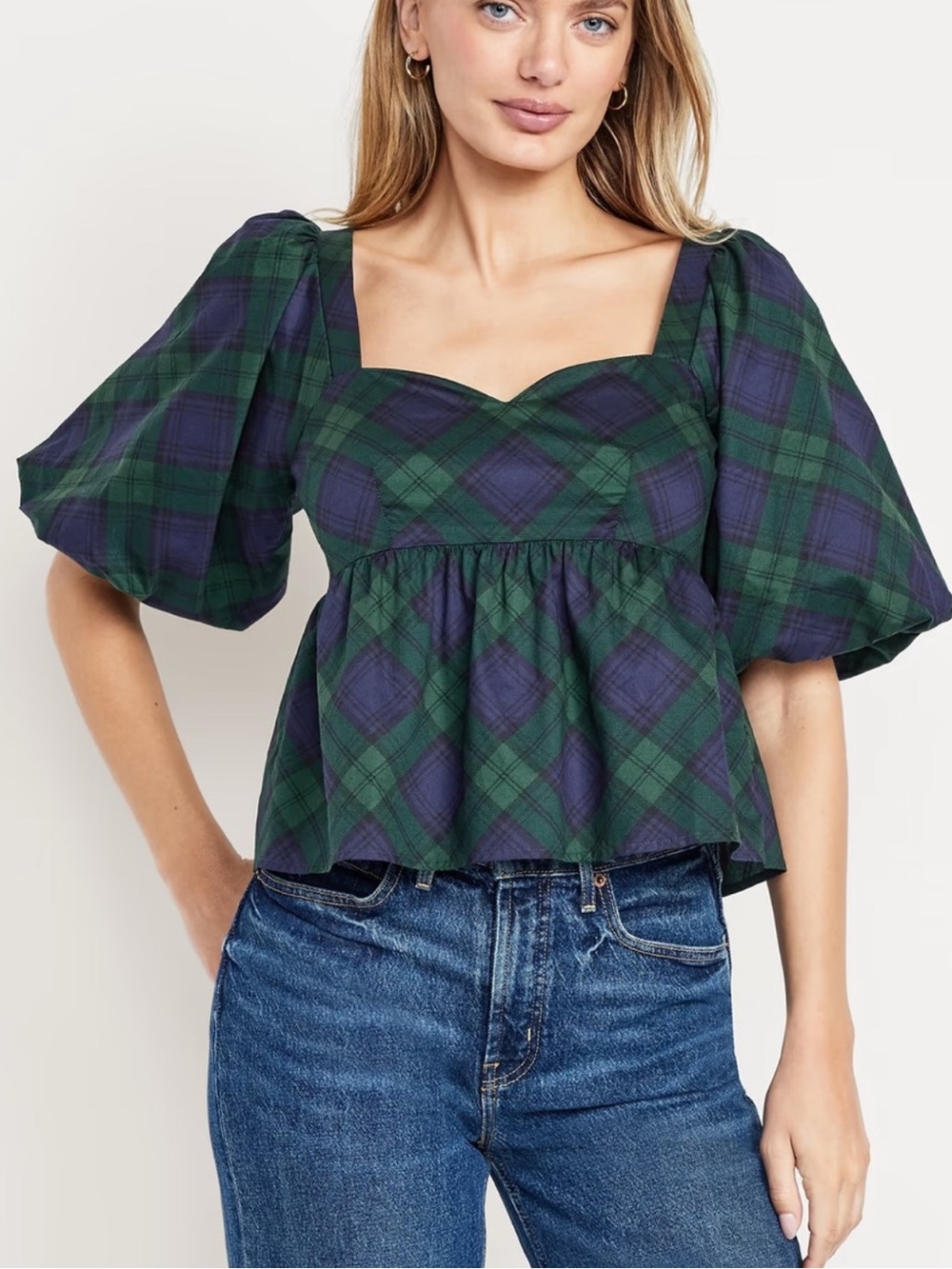 Old Navy Puff-Sleeve Plaid Poplin Peplum Top M